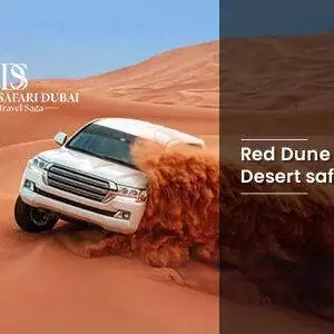 Red Dune Desert Safari Dubai with 4x4 vehicle on red desert dunes