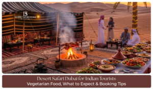 Indian tourists enjoying an exciting desert safari in Dubai with a 4x4 dune bashing adventure, camel ride, golden sand dunes, and a traditional Bedouin-style camp at sunset.