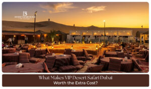 Guests enjoying a VIP desert safari in Dubai with luxury seating, gourmet dining, and sunset dune views.