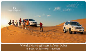 Morning desert safari in Dubai with golden sand dunes, camel rides, and a stunning sunrise view.