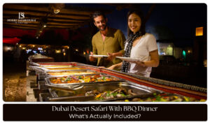 Family enjoying a Dubai desert safari with camel rides, golden sand dunes, and a traditional BBQ dinner under the stars.