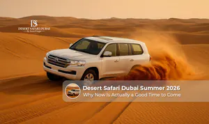 Tourists enjoying desert safari Dubai with dune bashing and sunset views in summer 2026