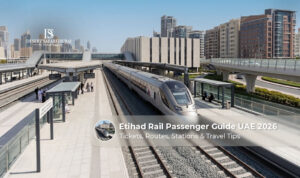 Etihad Rail passenger train in the UAE with modern stations, comfortable seating, and intercity travel