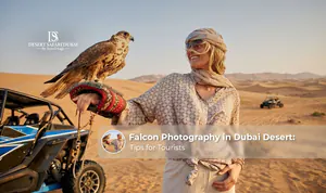 Tourist posing with a falcon during a Dubai desert photography experience