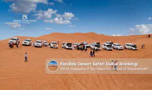 Tourists enjoying a Dubai desert safari with flexible booking and adventure activities