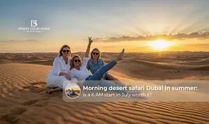 Morning desert safari in Dubai during summer with golden sand dunes, a 4x4 vehicle, and a beautiful sunrise.