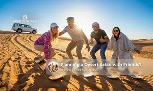 Group of friends enjoying dune bashing and desert safari activities in Dubai