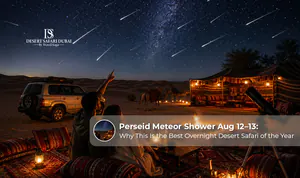 Perseid meteor shower lighting up the night sky above the Dubai desert during an overnight desert safari experience.