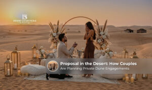 Romantic proposal in the Dubai desert.