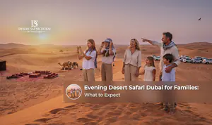 Family enjoying an evening desert safari with dune views and sunset activities in Dubai.