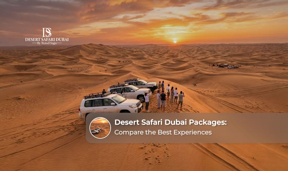 Tourists enjoying dune bashing and traditional activities at a Dubai desert safari.