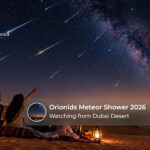 Orionids meteor shower 2026 visible from the Dubai desert with shooting stars across a dark night sky
